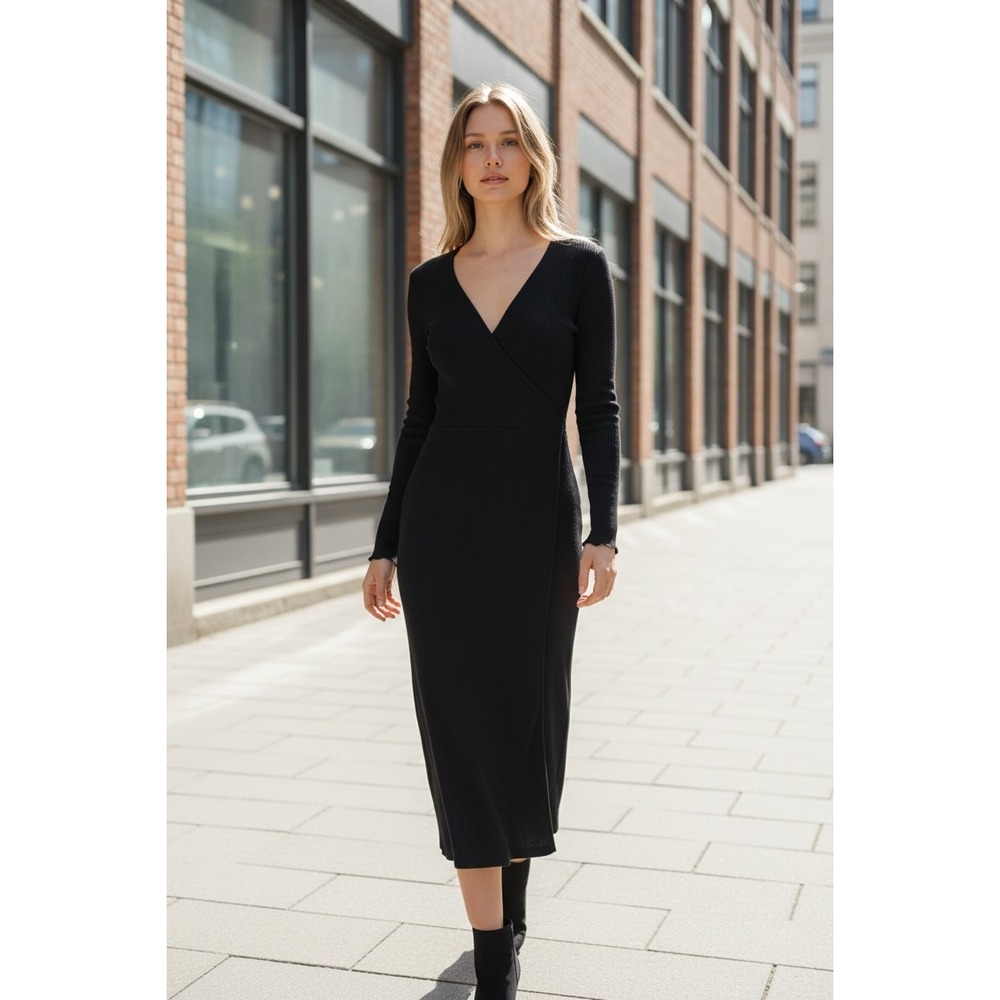 Amour Vert Black Ribbed Faux Wrap Midi Dress Long Sleeve V-Neck Small NWT USA